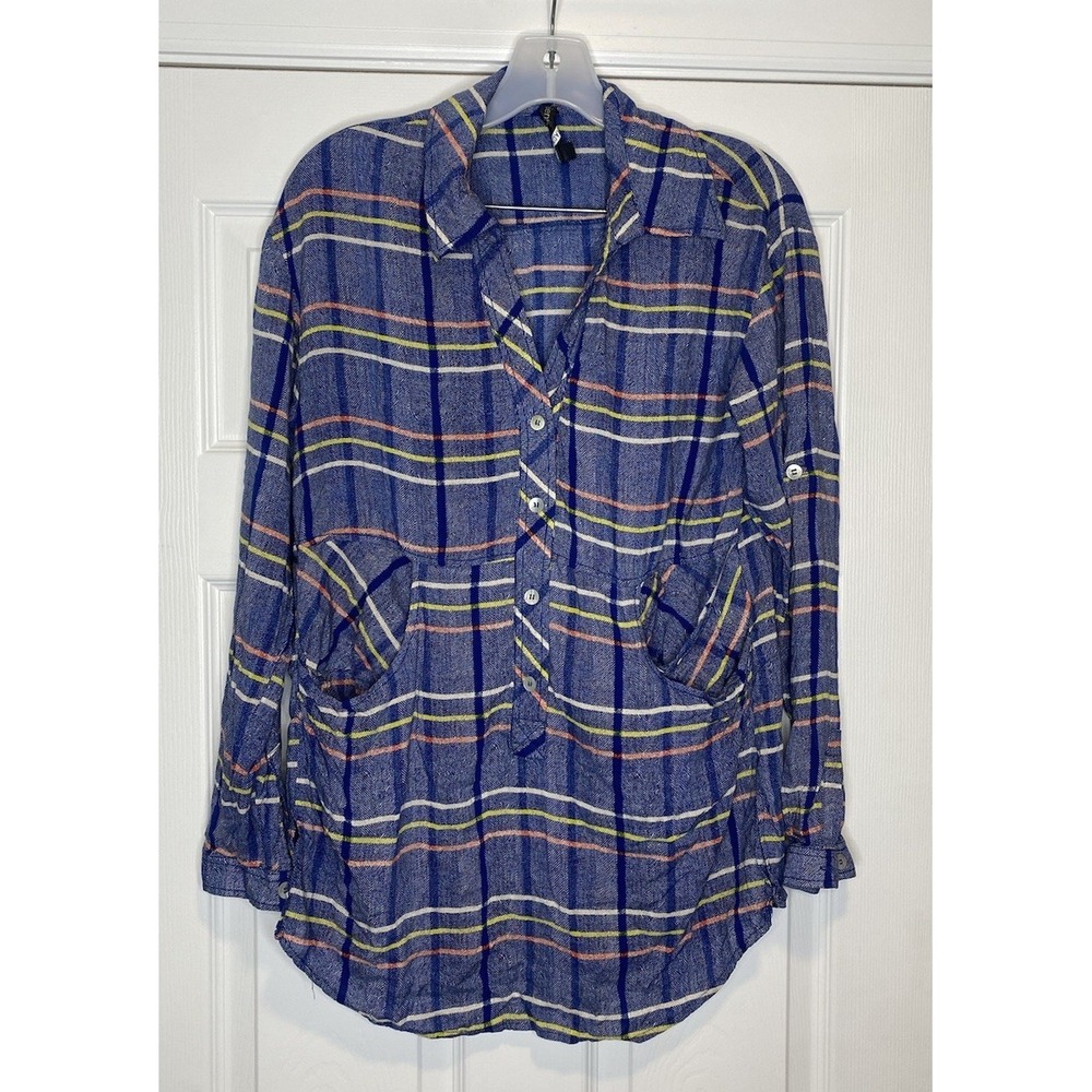 Plenty By Tracy Reese Women's‎ Striped Long Sleeve Tunic Shirt Blue Plaid Medium